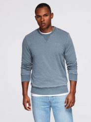 Washowana bluza męska z ozdobnym przeszyciem przy dekolcie - jasnoniebieska V3 - Rozmiar: S. Niebieskie bluzy bez kaptura męskie Ombre Clothing, m, z bawełny. W wyprzedaży za 69.99 zł.
