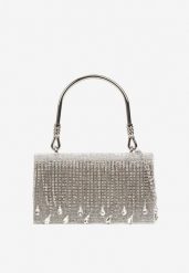 Srebrna Torebka Kopertówka z Rączką i Łańcuszkiem Zdobiona Cyrkoniami Fesalessa. Szare torebki wieczorowe Born2be, z aplikacjami, eleganckie, bez kołnierzyka, bez ramiączek. Za 89.99 zł.