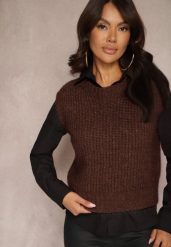 Brązowa Sweterkowa Kamizelka z Wełną z Prążkowanego Materiału Titheora. Brązowe kamizelki damskie Renee, prążkowane. Za 89.99 zł.