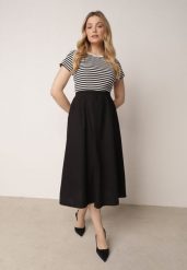 Czarno-Biała Rozkloszowana Sukienka z Bawełny z Górą w Paski Aethephaia. Czarne sukienki damskie Born2be, na co dzień, na lato, m, bez wzorów, z bawełny, casualowe, bez kołnierzyka, bez ramiączek, midi, proste. Za 99.99 zł.