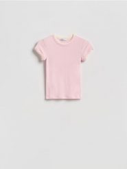 T-shirt z kontrastową wstawką - pastelowy róż. Czerwone t-shirty damskie Reserved, l, bez wzorów, z dzianiny, bez kołnierzyka. Za 49.99 zł.