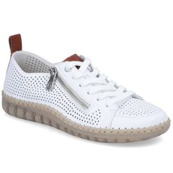 Skórzane półbuty damskie ażurowe białe Rieker N2405-80. Białe półbuty damskie Filippo, w ażurowe wzory, ze skóry, bez obcasa. Za 369.00 zł.