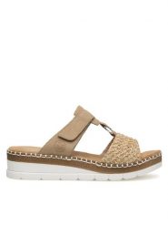 Rieker Klapki V1243-60 Beżowy. Brązowe klapki damskie Rieker, bez wzorów, z materiału, bez obcasa. Za 259.99 zł.