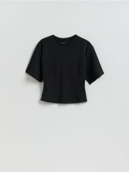 Taliowany t-shirt - czarny. Czarne t-shirty damskie Reserved, l, bez wzorów, z bawełny, bez kołnierzyka. Za 59.99 zł.