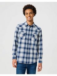 MĘSKA KOSZULA KRATA WRANGLER WESTERN SHIRT BLUE SHADOW 112357398. Niebieskie koszule męskie Wrangler, m, bez wzorów, bez kołnierzyka, bez ramiączek. Za 129.99 zł.