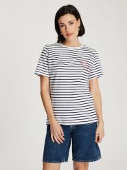 Cross Jeans Koszulka w kolorze biało-czarnym rozmiar: M. Białe bluzki damskie Cross Jeans, m, bez wzorów, z jeansu, bez kołnierzyka, bez ramiączek. Za 70.24 zł.