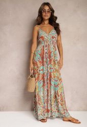 Pomarańczowo-Niebieska Rozkloszowana Sukienka z Wiskozy na Regulowanych Ramiączkach w Stylu Boho Yalfea. Brązowe sukienki damskie Renee, na lato, s, bez wzorów, z materiału, boho, bez kołnierzyka, bez ramiączek, maxi, rozkloszowane. W wyprzedaży za 59.49 zł.