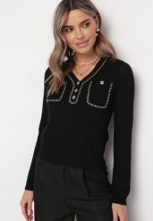 Czarny Sweter w Stylu Retro z Ozdobnym Łańcuszkiem Elioraca. Czarne swetry klasyczne damskie Born2be, na zimę, bez kołnierzyka. Za 54.99 zł.