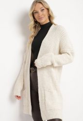 Jasnobeżowy Niezapinany Kardigan z Kieszeniami i Obniżoną Linią Ramion Vialaine. Brązowe kardigany damskie Born2be, m, z aplikacjami, z bawełny. Za 129.99 zł.