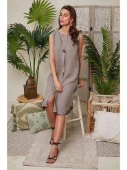 Lin Passion Lniana sukienka w kolorze jasnobrązowym rozmiar: 38/40. Brązowe sukienki damskie Lin Passion, bez wzorów, ze lnu, klasyczne, bez kołnierzyka, bez ramiączek, midi. Za 173.99 zł.