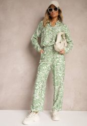 Zielony Komplet z Dodatkiem Wiskozy Spodnie z Gumką w Talii Koszula z Rękawami z Regulacją Iviria. Zielone koszule damskie Renee, bez wzorów, z materiału, eleganckie. Za 89.99 zł.