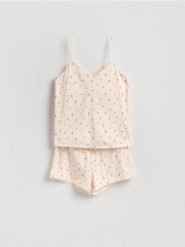 Dwuczęściowa piżama z bawełny - kremowy. Białe piżamy damskie Reserved, l, bez wzorów, z bawełny, bez ramiączek. Za 69.99 zł.