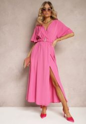 Różowa Kopertowa Sukienka z Gumką w Talii i Paskiem Amperi. Czerwone sukienki damskie Renee, l, bez wzorów, eleganckie, bez kołnierzyka, bez ramiączek, maxi, dopasowane. W wyprzedaży za 59.49 zł.