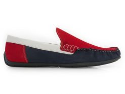 Czerwono-biało-granatowe mokasyny T57 B. Białe mokasyny męskie Modini Moda Męska, na lato, z gumy. W wyprzedaży za 269.10 zł.