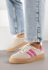 Beżowo-Fuksjowe Sneakersy Typu Tenisówki ze Skórzaną Wkładką Ozdobione Paskami Melissele. Brązowe trampki i tenisówki damskie Born2be, bez wzorów. Za 209.99 zł.