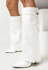 Białe Kozaki ze Szpiczastym Noskiem i Wywiniętą Cholewką Quirina. Białe kozaki damskie Born2be, z materiału, ze szpiczastym noskiem, bez obcasa, na obcasie. Za 169.99 zł.
