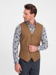 Kamizelka męska garniturowa bez klap - karmelowa V1 OM-BLZV-0112 - XL. Brązowe kamizelki męskie Ombre Clothing, l, z poliesteru. Za 143.99 zł.