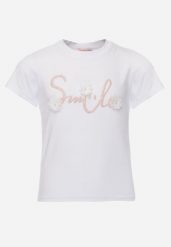 Biała Bawełniana Koszulka T-shirt z Brokatowym Napisem i Kwiatami 3D Azavia. Białe koszulki dziewczęce Born2be, z aplikacjami, z bawełny, bez ramiączek. Za 29.99 zł.