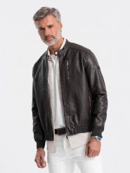 Kurtka męska z imitacji skóry ze ściągaczem na dole - ciemnobrązowa V1 - Rozmiar: XL. Brązowe kurtki męskie Ombre Clothing, m, bez wzorów, ze skóry, bez kaptura. W wyprzedaży za 119.99 zł.