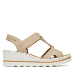 Sandały Rieker. Brązowe sandały damskie Rieker, bez wzorów, bez obcasa, na koturnie. Za 239.99 zł.