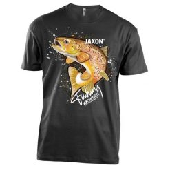 Koszulka wędkarska Jaxon Nature Pstrąg. Czarne bluzki damskie Jaxon, l, bez wzorów, sportowe, bez kołnierzyka, bez ramiączek. Za 69.99 zł.
