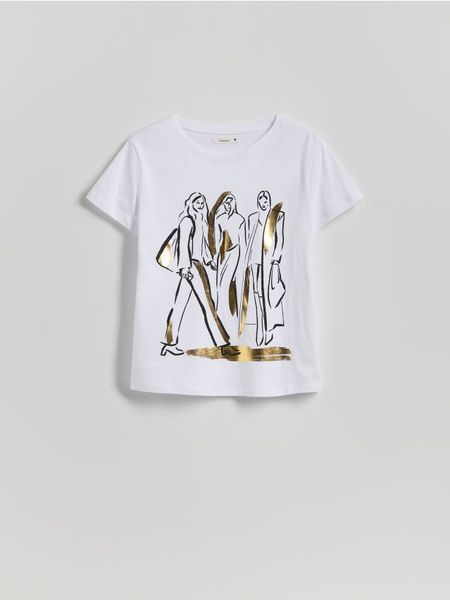 T-shirt z nadrukiem - biały. Białe t-shirty damskie Reserved, l, bez wzorów, z bawełny, bez kołnierzyka. W wyprzedaży za 19.99 zł.