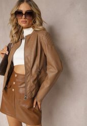 Brązowa Ramoneska Kurtka z Ekoskóry Zapinana pod Szyją Orifaga. Brązowe kurtki damskie Renee, l, bez wzorów, z jeansu, bez kaptura. Za 139.99 zł.