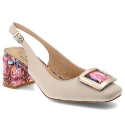 Czółenka damskie S.Barski, slingback ze skóry naturalnej z efektownym, kolorowym obcasem i ozdobną klamrą z regulowanym paskiem, beżowe, LZ61-2018. Brązowe czółenka damskie S.BARSKI, bez wzorów, ze skóry, bez obcasa, na obcasie. Za 242.90 zł.