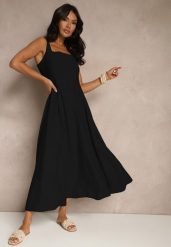 Czarna Rozkloszowana Sukienka z Wiskozy Ozdobiona Kwadratowym Dekoltem Avledia. Czarne sukienki damskie Renee, l, bez wzorów, z wiskozy, eleganckie, bez kołnierzyka, bez ramiączek, maxi, rozkloszowane. W wyprzedaży za 95.99 zł.