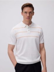 Sweter polo w paski - Inny. Swetry męskie Reserved, l, bez wzorów, z bawełny, bez kołnierzyka. W wyprzedaży za 45.99 zł.