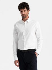 Klasyczna męska koszula SLIM FIT z tkaniny satynowej – biała V1 OM-SHOS-0176 - XXL. Białe koszule męskie Ombre Clothing, l, bez wzorów, z bawełny, bez kołnierzyka, bez ramiączek. W wyprzedaży za 119.99 zł.