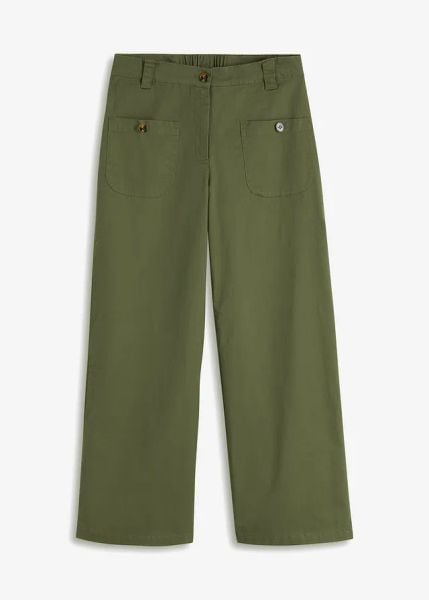 Dżinsy wide leg, wysoki stan, z wygodnym paskiem. Zielone jeansy damskie bonprix, z podwyższonym stanem. Za 119.99 zł.