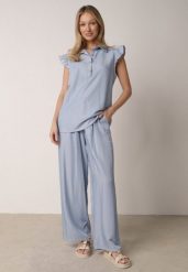 Jasnoniebieski Komplet z Wiskozą Szerokie Spodnie i Bluzka z Kołnierzykiem Nautiviane. Niebieskie spodnie materiałowe damskie Born2be, bez wzorów, z materiału, casualowe, plus size. Za 99.99 zł.