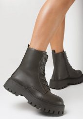 Zielone Botki Workery Sznurowane Suam. Zielone botki damskie Born2be, militarne, z okrągłym noskiem, za kostkę, bez obcasa, na płaskiej podeszwie, bez zapięcia. Za 189.99 zł.