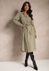 Zielona Sukienka z Bawełny o Koszulowym Kroju Wiązana w Talii Zinrose. Zielone sukienki damskie Renee, na co dzień, l, bez wzorów, z bawełny, eleganckie, bez kołnierzyka, bez ramiączek, midi, koszulowe. Za 129.99 zł.