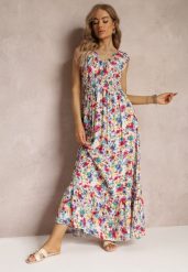 Biało-Czerwona Rozkloszowana Sukienka Maxi w Kwiaty z Gumką w Talii i przy Dekolcie Eirerene. Białe sukienki damskie Renee, na imprezę, l, bez wzorów, z tkaniny, bez kołnierzyka, bez ramiączek, maxi, rozkloszowane. W wyprzedaży za 69.99 zł.