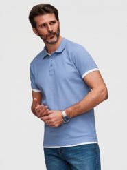Męska bawełniana koszulka polo z kontrastowym wykończeniem – niebieska V3 - Rozmiar: XXL. Niebieskie koszulki polo męskie Ombre Clothing, m, bez wzorów, z bawełny, bez ramiączek. W wyprzedaży za 129.99 zł.