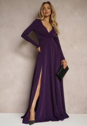 Ciemnofioletowa Kopertowa Sukienka o Rozkloszowanym Kroju z Rozcięciem i Metalicznymi Przeszyciami Emiraia. Fioletowe sukienki damskie Renee, na imprezę, m, bez wzorów, eleganckie, bez kołnierzyka, bez ramiączek, maxi, kopertowe. W wyprzedaży za 153.99 zł.