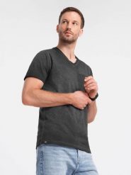 Męski t-shirt V-neck o pręgowanej strukturze z kieszonką – czarny V6 - Rozmiar: M. Czarne t-shirty męskie Ombre Clothing, l, bez wzorów, z bawełny, bez kołnierzyka. W wyprzedaży za 19.99 zł.