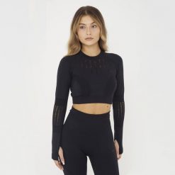 Crop top do treningu RUE z długimi rękawami. Czarne topy sportowe damskie Legea, bez wzorów, z elastanu, bez ramiączek. W wyprzedaży za 97.00 zł.