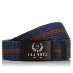 Pasek parciany granatowy z brązowym przeszyciem PAOLO PERUZZI PW-14-125 cm. Brązowe paski męskie Paolo Peruzzi, bez wzorów, z materiału. Za 34.99 zł.