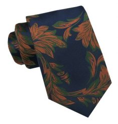 Klasyczny, Męski Krawat - Szeroki - Chattier - Granat w Pomarańczowo Zielony Wzór. Niebieskie krawaty i muchy męskie Chattier, bez wzorów, z tkaniny, eleganckie. Za 49.00 zł.