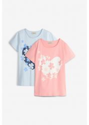 T-shirt z czystej bawełny organicznej (zestaw 2 szt.). Niebieskie koszulki dziewczęce bonprix, bez wzorów, z bawełny, bez ramiączek. Za 37.98 zł.