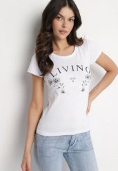 Biały Bawełniany T-shirt z Napisem Living i Nadrukiem Commea. Białe t-shirty damskie Born2be, l, bez wzorów, z bawełny, bez kołnierzyka. Za 34.99 zł.