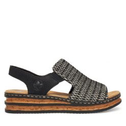 Sandały Rieker. Czarne sandały damskie Rieker, bez wzorów, bez obcasa, na koturnie. Za 239.99 zł.