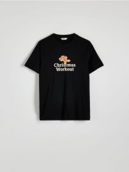 T-shirt regular ze świątecznym nadrukiem - czarny. Czarne t-shirty męskie Reserved, l, bez wzorów, z bawełny, bez kołnierzyka. W wyprzedaży za 19.99 zł.