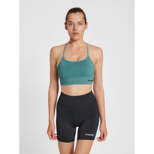 Damski bezszwowy biustonosz sportowy Hummel Tiffy. Niebieskie biustonosze sportowe damskie HUMMEL, bez wzorów. W wyprzedaży za 92.60 zł.