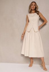 Beżowa Rozkloszowana Spódnica z Bawełną High Waist Katavira. Brązowe spódniczki damskie Renee, l, bez wzorów, z bawełny, eleganckie, z podwyższonym stanem, maxi, proste. Za 119.99 zł.