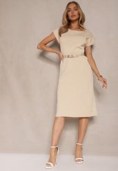 Beżowa Pudełkowa Sukienka z Wiskozą z Dodatkowym Paskiem z Klamrą Pollame. Brązowe sukienki damskie Renee, na co dzień, l, bez wzorów, z jeansu, eleganckie, bez kołnierzyka, bez ramiączek, midi, dopasowane. Za 109.99 zł.