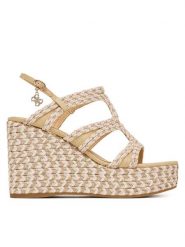 Guess Sandały FLJERS FAB04 Beżowy. Brązowe sandały damskie Guess, z aplikacjami, z materiału, bez obcasa, na koturnie. Za 679.99 zł.